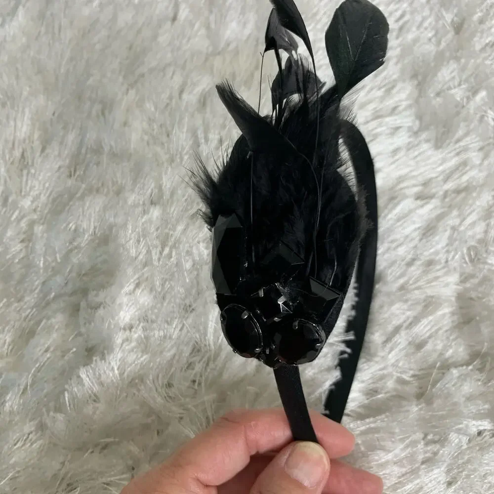 Black Feather Rhinestone Jewel Headband Costume Dance Halloween